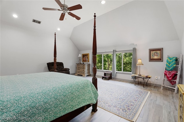 bedroom featuring light wood-type flooring, visible vents, recessed lighting, baseboards, and lofted ceiling