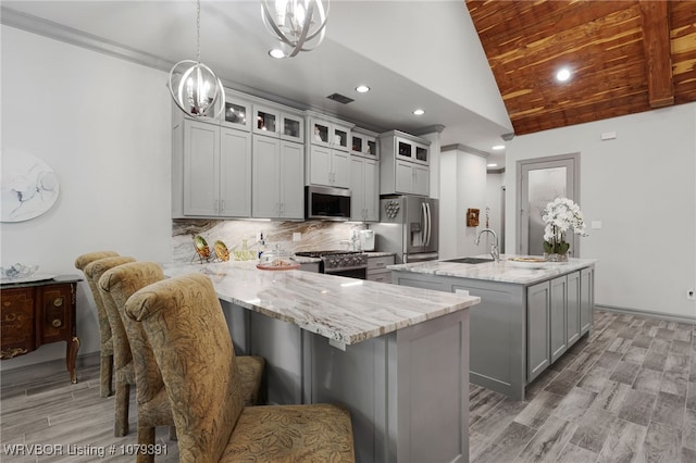 kitchen featuring a peninsula, a kitchen island with sink, decorative backsplash, wood ceiling, and appliances with stainless steel finishes