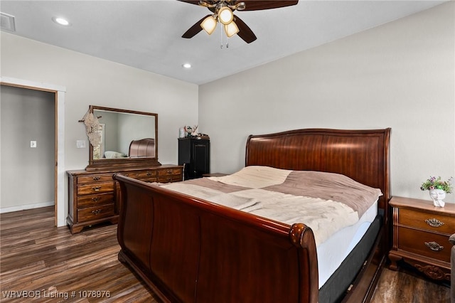 bedroom with a ceiling fan, dark wood-type flooring, recessed lighting, and visible vents