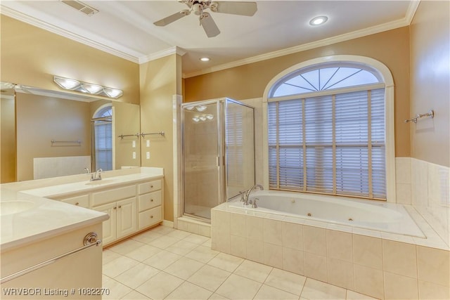 2112 Rannoch Trce, Fort Smith, AR 72908 - bathroom featuring vanity, tile patterned floors, a stall shower, a whirlpool tub, and crown molding