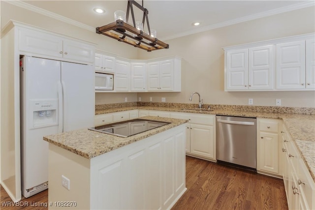 2112 Rannoch Trce, Fort Smith, AR 72908 - kitchen featuring white appliances, crown molding, recessed lighting, white cabinets, and a kitchen island