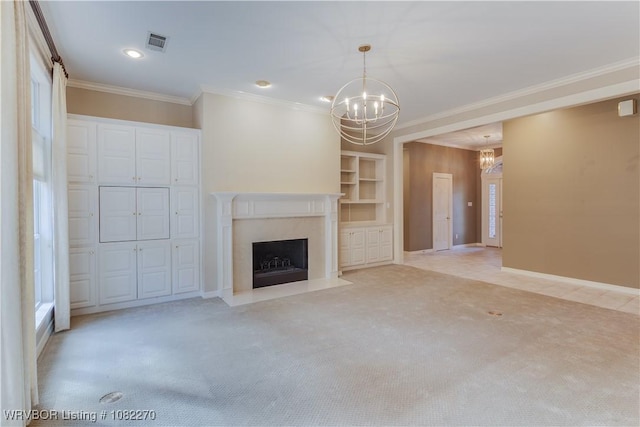 2112 Rannoch Trce, Fort Smith, AR 72908 - unfurnished living room featuring a chandelier, light carpet, ornamental molding, a high end fireplace, and built in shelves