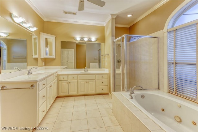 2112 Rannoch Trce, Fort Smith, AR 72908 - bathroom with a shower stall, a jetted tub, vanity, tile patterned floors, and crown molding