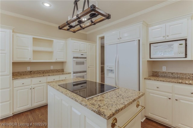 2112 Rannoch Trce, Fort Smith, AR 72908 - kitchen featuring white appliances, open shelves, ornamental molding, dark wood-style floors, and a center island