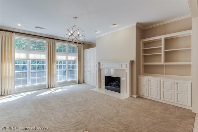 2112 Rannoch Trce, Fort Smith, AR 72908 - unfurnished living room with carpet flooring, crown molding, a chandelier, a high end fireplace, and recessed lighting