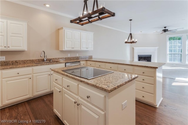 2112 Rannoch Trce, Fort Smith, AR 72908 - kitchen featuring black electric stovetop, dark wood-style floors, dishwasher, ornamental molding, and a peninsula