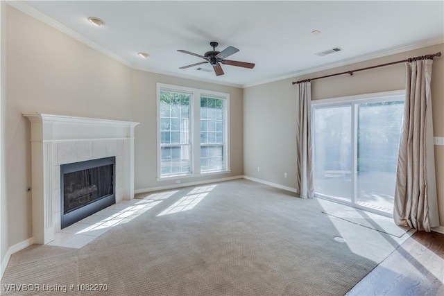 2112 Rannoch Trce, Fort Smith, AR 72908 - unfurnished living room with crown molding, a fireplace, a ceiling fan, and carpet