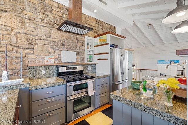 kitchen featuring gray cabinets, wooden ceiling, appliances with stainless steel finishes, vaulted ceiling with beams, and dark stone counters