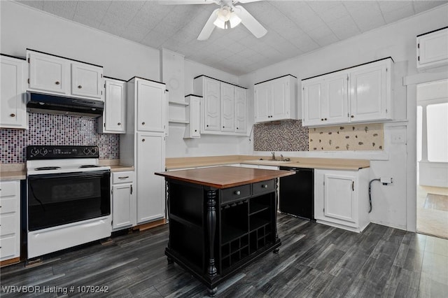 kitchen with black dishwasher, electric stove, open shelves, and under cabinet range hood