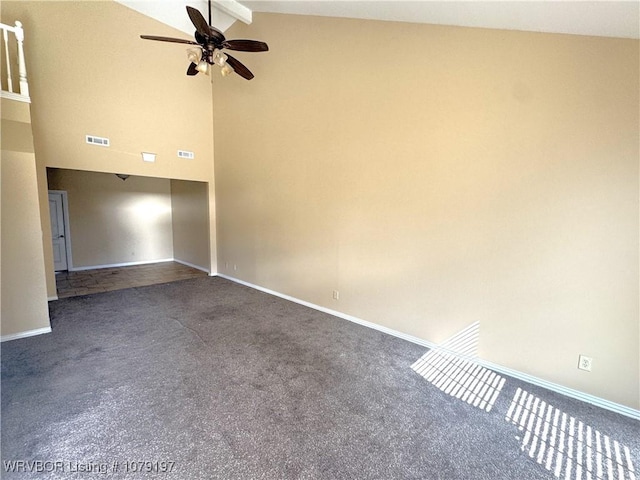 carpeted spare room with visible vents, beamed ceiling, baseboards, high vaulted ceiling, and a ceiling fan