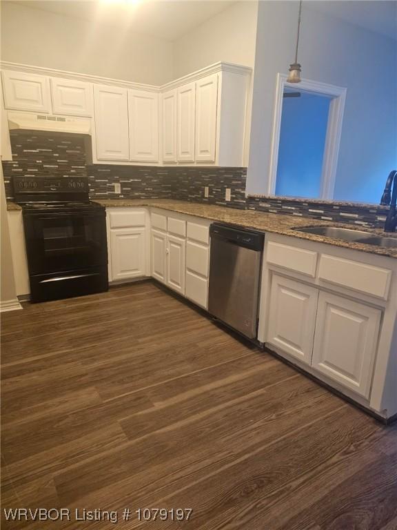 kitchen with a sink, black / electric stove, white cabinets, and dishwasher