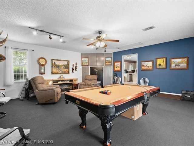42735 Timber Ridge Rd, Howe, OK 74940 - playroom featuring a ceiling fan, a textured ceiling, carpet flooring, billiards, and baseboards