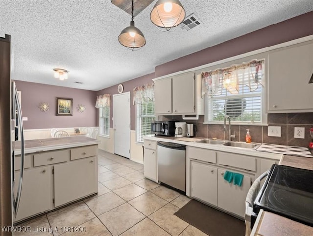 42735 Timber Ridge Rd, Howe, OK 74940 - kitchen with stainless steel appliances, a sink, healthy amount of natural light, light countertops, and a textured ceiling