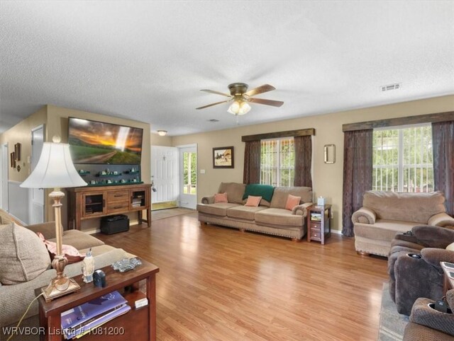 42735 Timber Ridge Rd, Howe, OK 74940 - living area with light wood-type flooring, a ceiling fan, and a textured ceiling