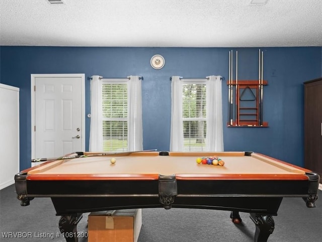 42735 Timber Ridge Rd, Howe, OK 74940 - recreation room with carpet, a textured ceiling, billiards, and baseboards