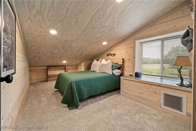 465 Boyd Dr, New Blaine, AR 72851 - carpeted bedroom with lofted ceiling, wooden walls, and recessed lighting