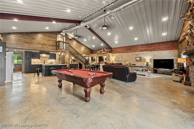465 Boyd Dr, New Blaine, AR 72851 - game room featuring wooden walls, billiards, concrete flooring, vaulted ceiling, and bar