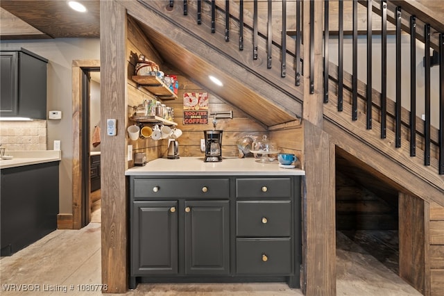465 Boyd Dr, New Blaine, AR 72851 - indoor dry bar featuring vaulted ceiling and wooden walls