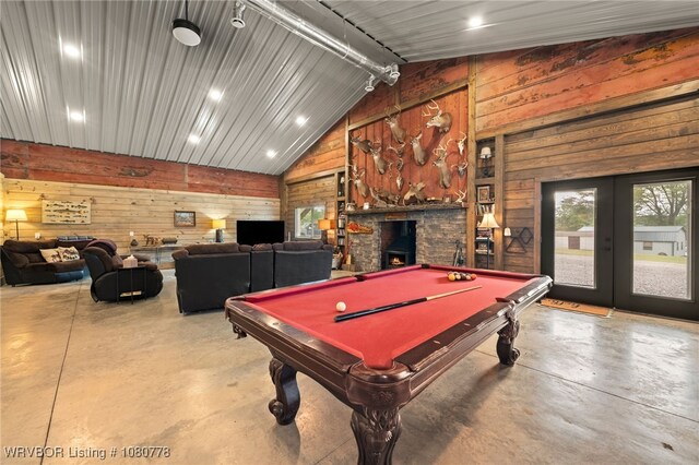 465 Boyd Dr, New Blaine, AR 72851 - playroom with concrete flooring, wood walls, french doors, vaulted ceiling, and pool table