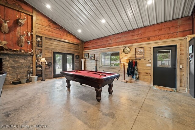 465 Boyd Dr, New Blaine, AR 72851 - recreation room featuring wooden walls, concrete floors, pool table, french doors, and high vaulted ceiling