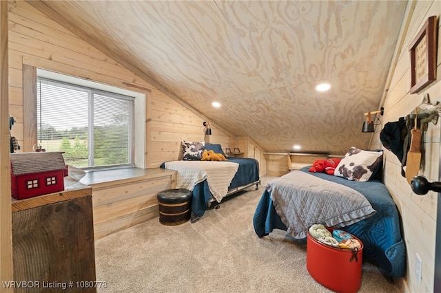 465 Boyd Dr, New Blaine, AR 72851 - carpeted bedroom featuring vaulted ceiling and wooden walls