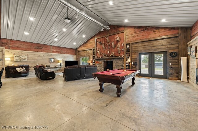 465 Boyd Dr, New Blaine, AR 72851 - recreation room with wood walls, concrete flooring, french doors, vaulted ceiling, and billiards table
