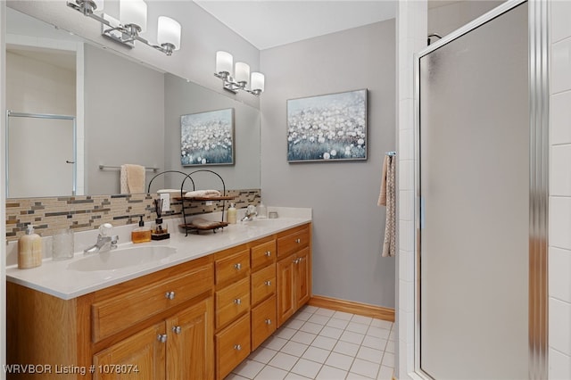 bathroom featuring backsplash, tile patterned flooring, vanity, and walk in shower