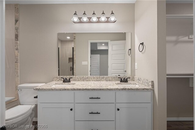 bathroom featuring a shower with door, vanity, and toilet