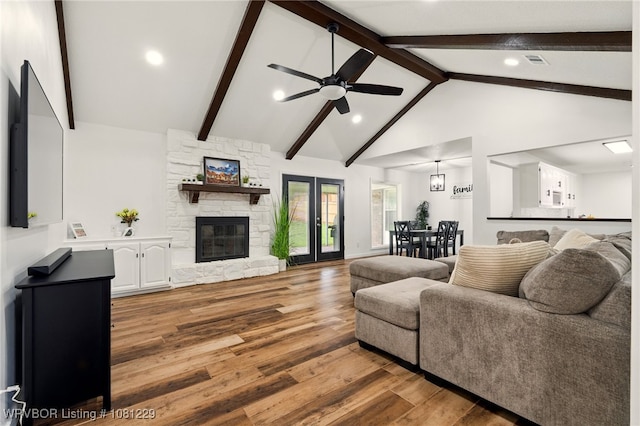 9010 Skypark Dr, Fort Smith, AR 72903 - living room with wood finished floors, a ceiling fan, beam ceiling, high vaulted ceiling, and recessed lighting