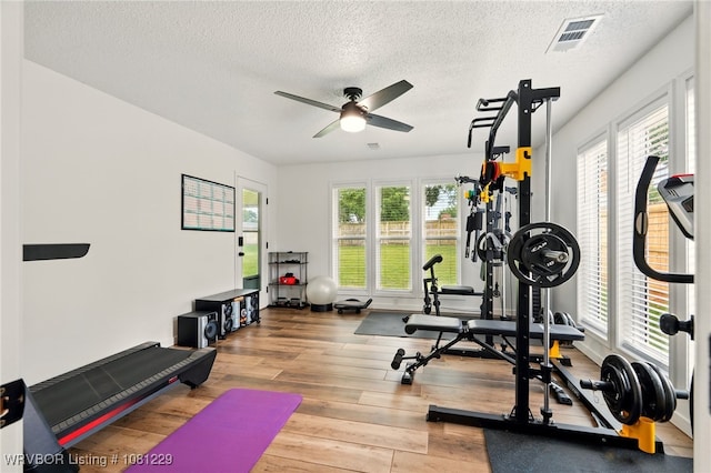 9010 Skypark Dr, Fort Smith, AR 72903 - exercise area featuring ceiling fan, a textured ceiling, and wood-type flooring