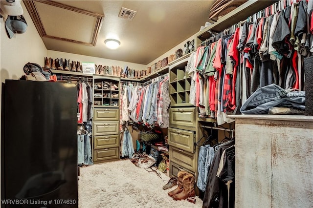 walk in closet featuring carpet flooring