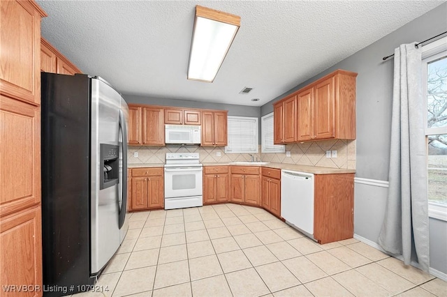 kitchen with white appliances, decorative backsplash, a sink, and a healthy amount of sunlight