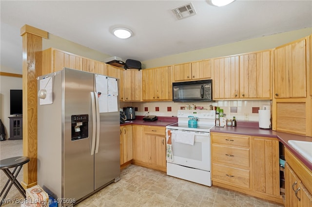 kitchen with stainless steel fridge with ice dispenser, light brown cabinetry, and white electric range