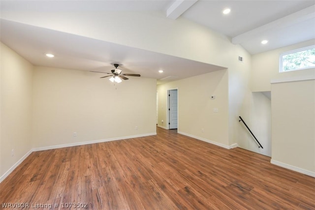 interior space with beam ceiling, high vaulted ceiling, ceiling fan, and hardwood / wood-style floors