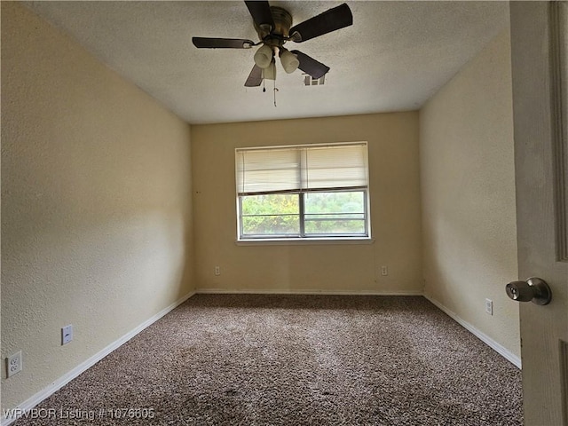 unfurnished room with carpet flooring, a textured ceiling, and ceiling fan