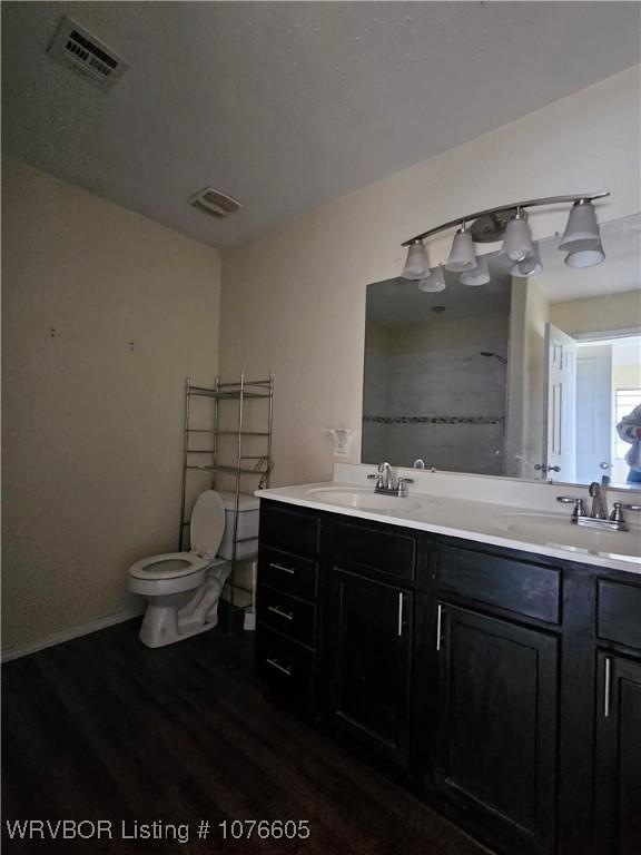 bathroom with vanity, wood-type flooring, and toilet