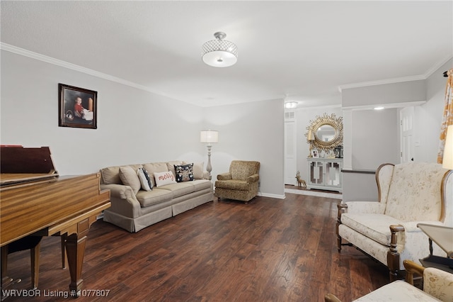 living room featuring ornamental molding and dark wood-type flooring