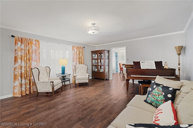 living room featuring ornamental molding and dark wood-type flooring