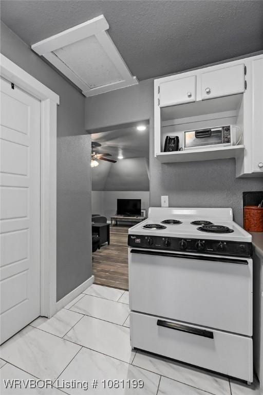 2101 Birnie Ave, Fort Smith, AR 72904 - kitchen with electric stove, white cabinetry, open shelves, and a ceiling fan