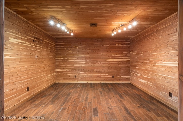 unfurnished room featuring hardwood / wood-style flooring, wood ceiling, and wooden walls