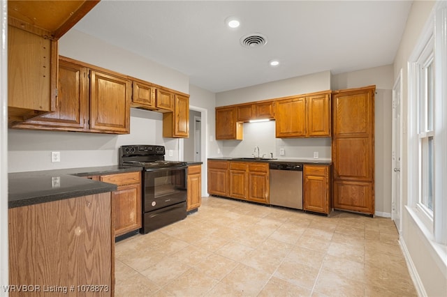 kitchen with black range with electric stovetop, stainless steel dishwasher, and sink