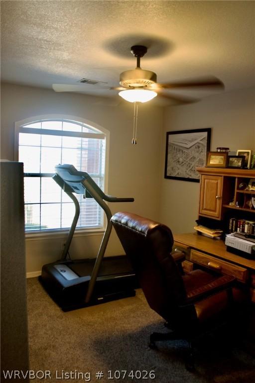 exercise room featuring ceiling fan, carpet floors, and a textured ceiling