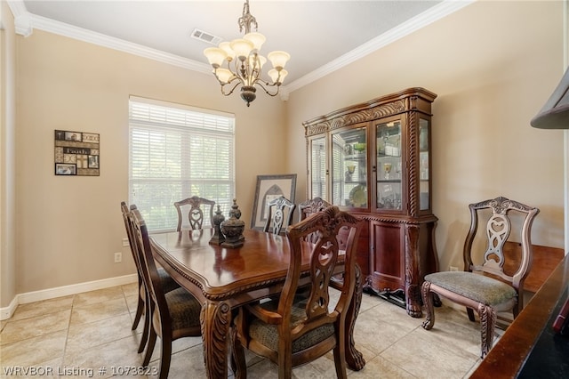 dining space featuring crown molding, light tile patterned floors, and an inviting chandelier