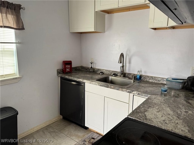 kitchen featuring baseboards, white cabinetry, a sink, stove, and dishwasher