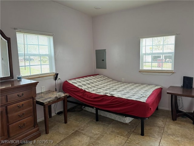 bedroom with electric panel and baseboards