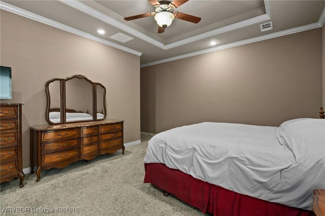 12905 Limestone Dr, Fort Smith, AR 72916 - bedroom featuring a raised ceiling, carpet floors, ornamental molding, recessed lighting, and ceiling fan