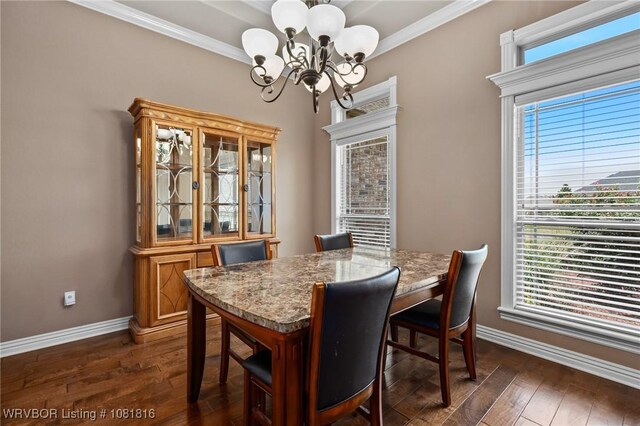 12905 Limestone Dr, Fort Smith, AR 72916 - dining space featuring a chandelier, dark wood-style flooring, crown molding, and healthy amount of natural light