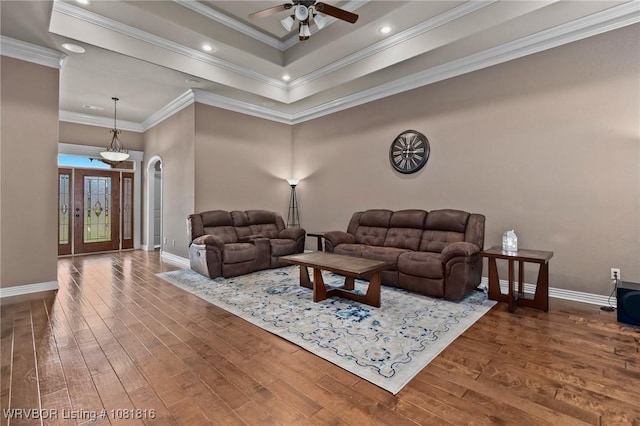 12905 Limestone Dr, Fort Smith, AR 72916 - living area featuring wood finished floors, a ceiling fan, ornamental molding, and recessed lighting