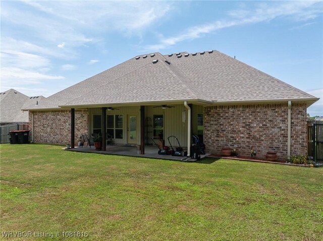 12905 Limestone Dr, Fort Smith, AR 72916 - back of house featuring a ceiling fan, a patio, roof with shingles, and brick siding