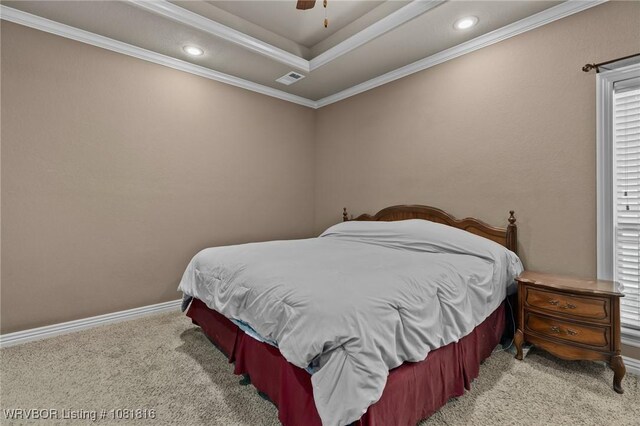 12905 Limestone Dr, Fort Smith, AR 72916 - bedroom with carpet floors, ornamental molding, recessed lighting, ceiling fan, and a tray ceiling